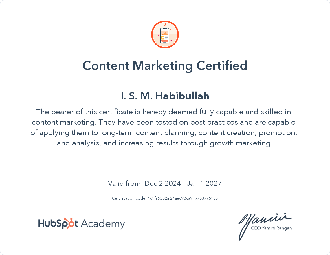 Content Marketing Certification of I S M Habibullah