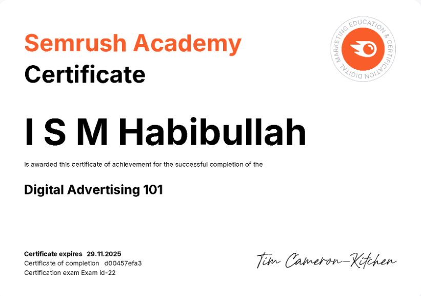 Digital Advertising 101 Certificate of I S M Habibullah