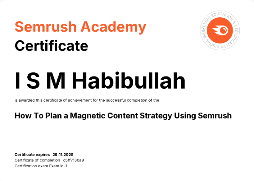 How to Plan a Magenetic Content Strategy Using Semrush Certificate of I S M Habibullah