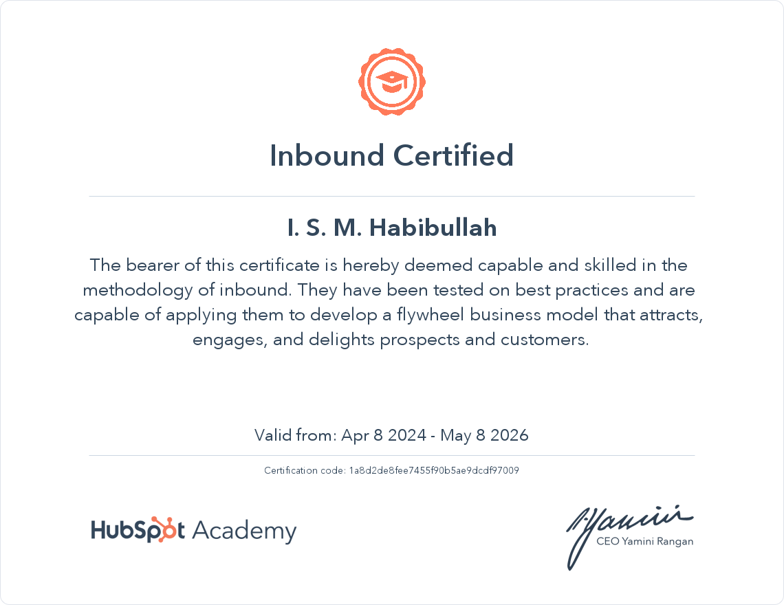 Inbound Certification of I S M Habibullah